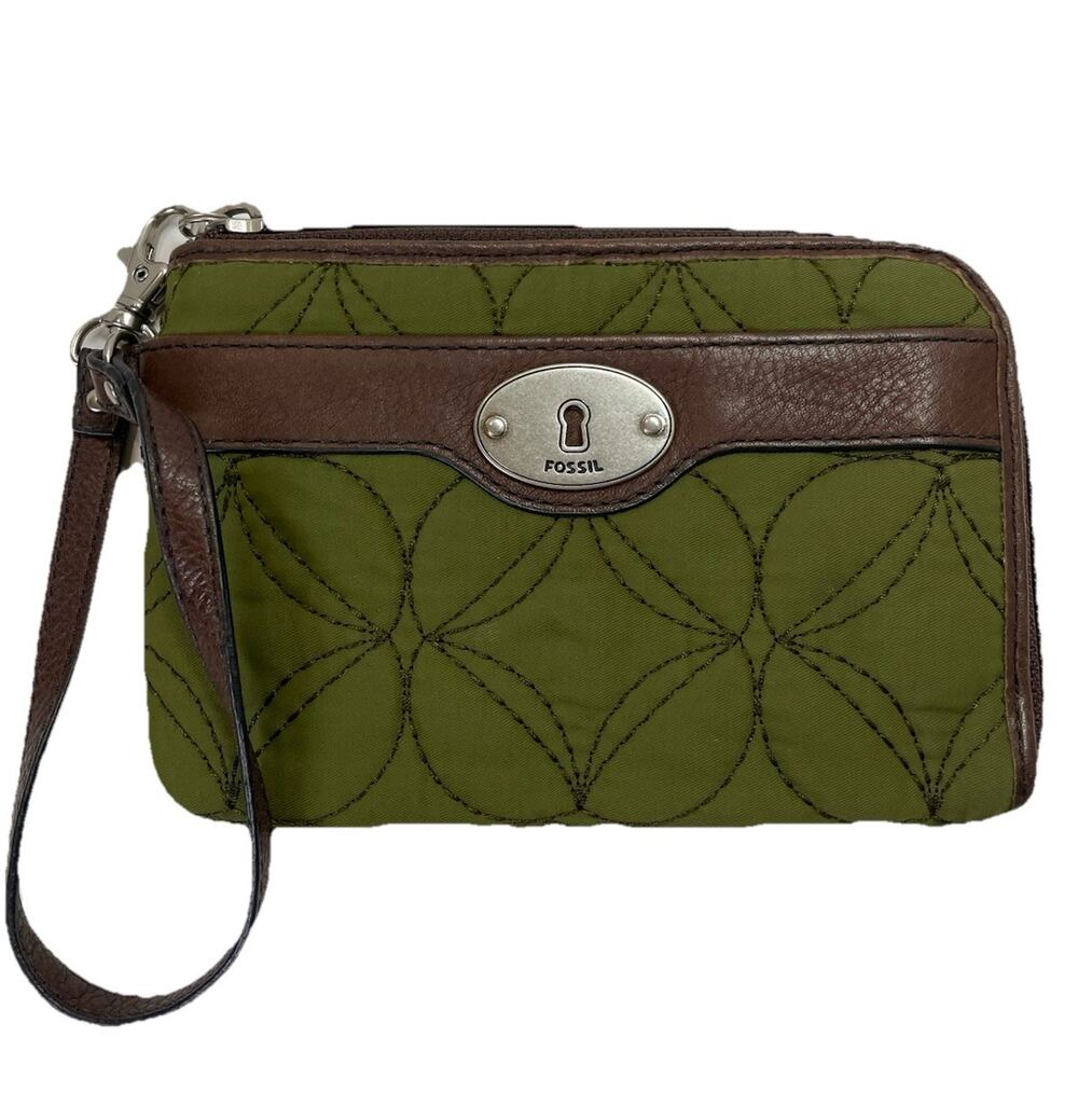FOSSIL Key-Per Olive Green Quilted Brown Leather Wristlet ID Coin Zip Wallet